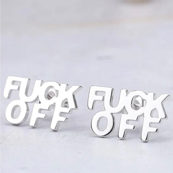NEW 18K Rhodium/ White Gold Plated “F*ck Off” Stud / Post Earrings - Picture 1 of 7